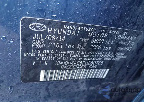 2015 Hyundai Elantra Se from USA, damaged, VIN KMHDH4AE5FU280765